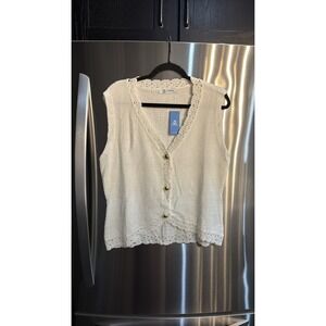 CUPSHE White/Ivory Crochet Knit Vest Gold Buttons Sleeveless SZ XL